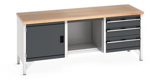 Bott Cubio Storage Workbench 2000mm wide x 750mm Deep x 840mm high supplied with a Multiplex (layered beech ply) worktop, 3 x drawers (2 x 150mm & 1 x 200mm high), 1 x 350mm high integral storage cupboards and 1 x open mid section with half... 2000mm Wide Storage Benches